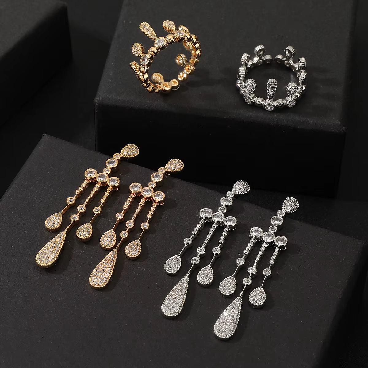 Women Fashion Waterdrop Cubic Zircon Tassel Bridal Necklace Bracelet Ring Earring Set Women Boutique Wedding Anniversary Jewelry