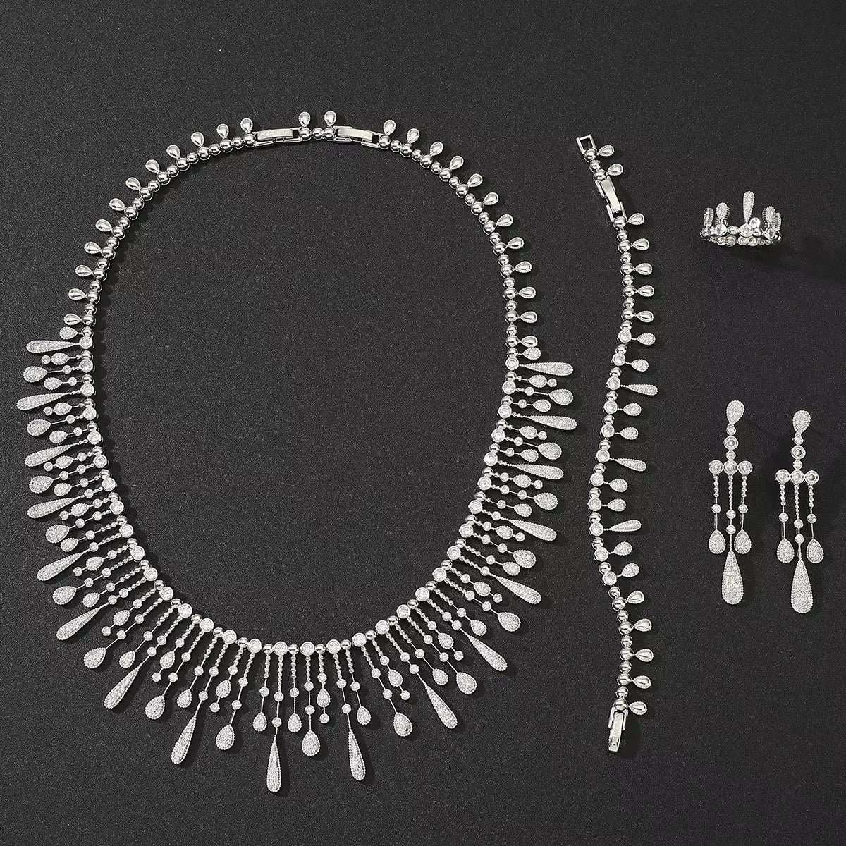 Women Fashion Waterdrop Cubic Zircon Tassel Bridal Necklace Bracelet Ring Earring Set Women Boutique Wedding Anniversary Jewelry