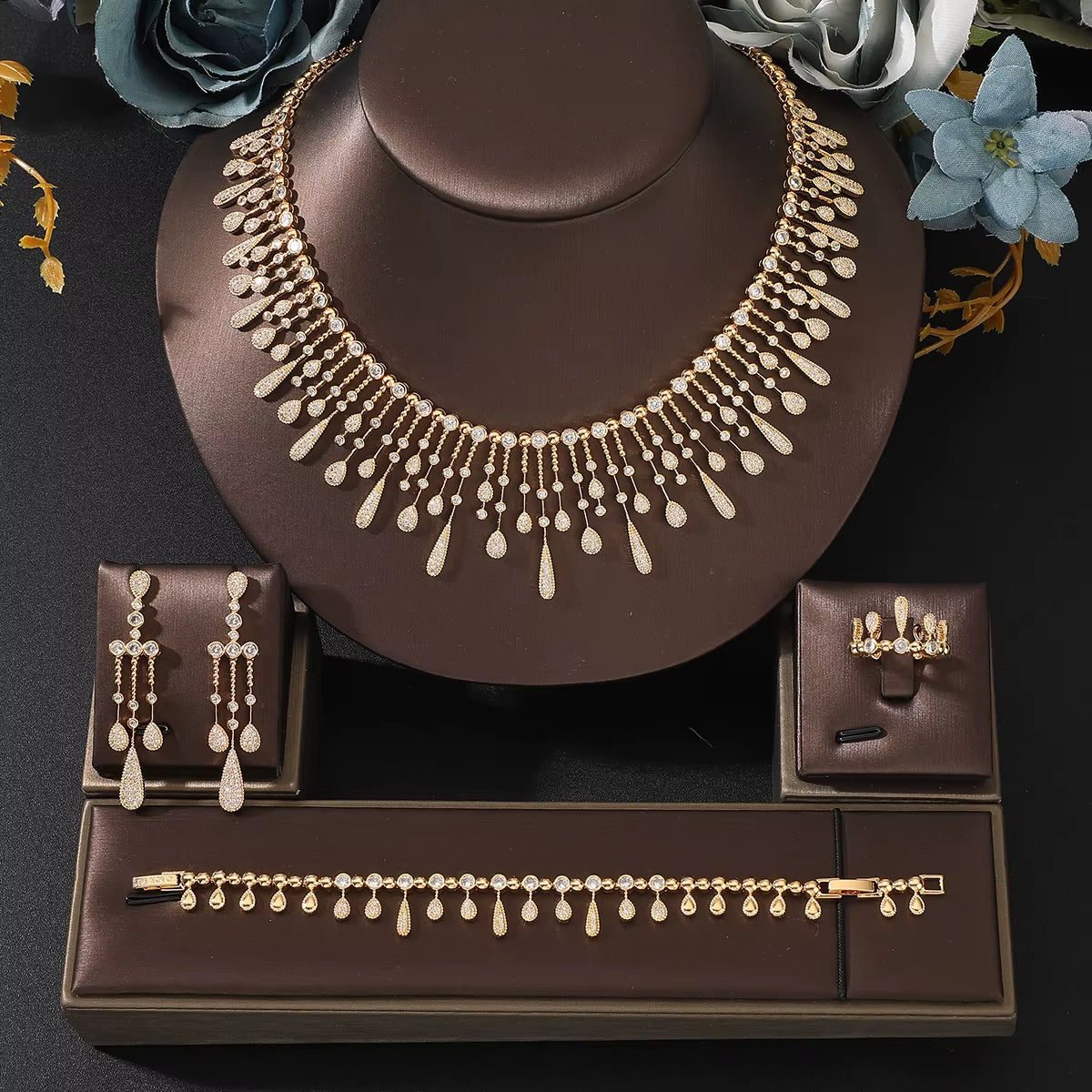 Women Fashion Waterdrop Cubic Zircon Tassel Bridal Necklace Bracelet Ring Earring Set Women Boutique Wedding Anniversary Jewelry