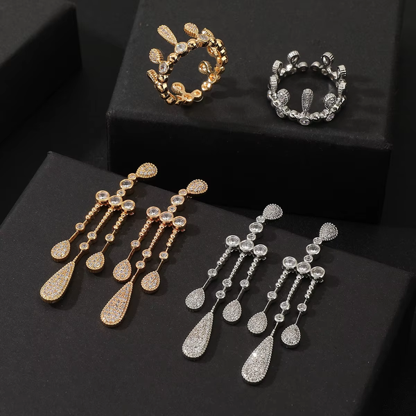 Women Fashion Waterdrop Cubic Zircon Tassel Bridal Necklace Bracelet Ring Earring Set Women Boutique Wedding Anniversary Jewelry
