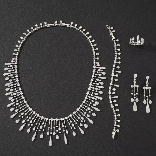 Women Fashion Waterdrop Cubic Zircon Tassel Bridal Necklace Bracelet Ring Earring Set Women Boutique Wedding Anniversary Jewelry