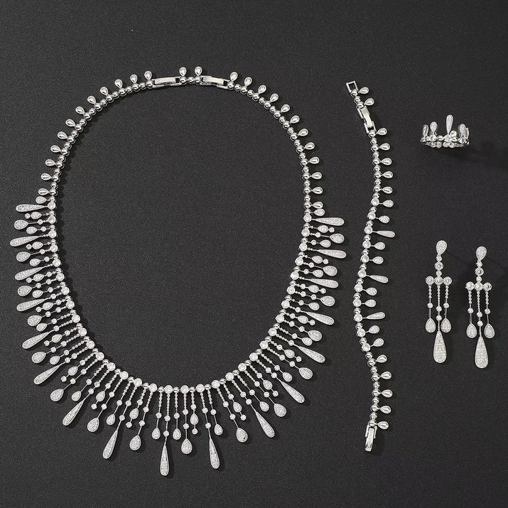 Women Fashion Waterdrop Cubic Zircon Tassel Bridal Necklace Bracelet Ring Earring Set Women Boutique Wedding Anniversary Jewelry