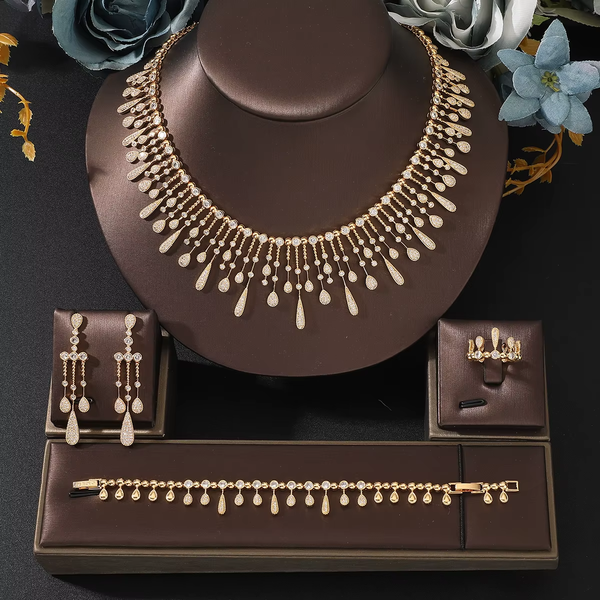 Women Fashion Waterdrop Cubic Zircon Tassel Bridal Necklace Bracelet Ring Earring Set Women Boutique Wedding Anniversary Jewelry