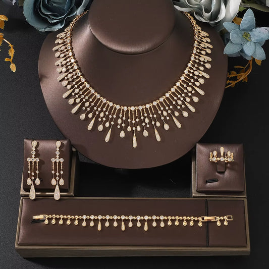 Women Fashion Waterdrop Cubic Zircon Tassel Bridal Necklace Bracelet Ring Earring Set Women Boutique Wedding Anniversary Jewelry